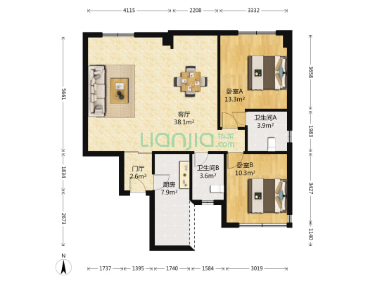 前锋空港国际 2室1厅2卫 93平方