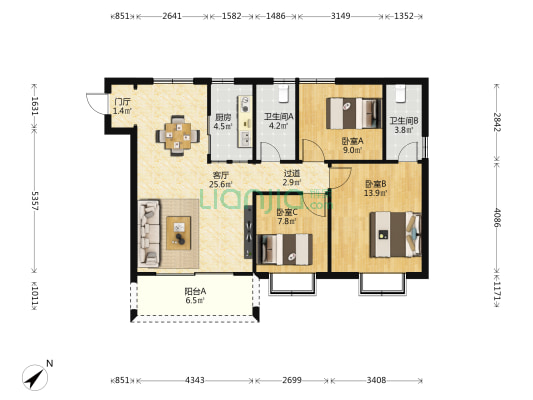 百香园 3室1厅2卫 100平方