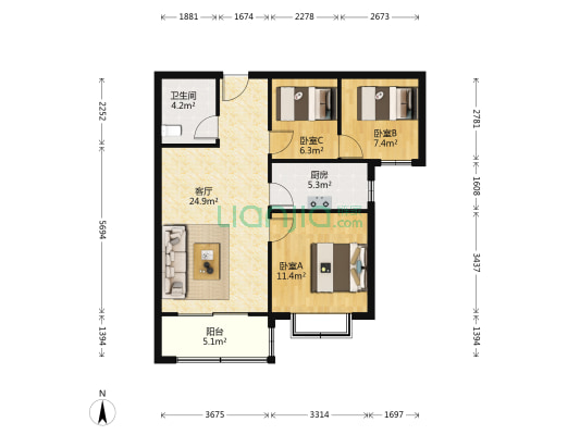 华夏帝苑 3室1厅1卫 93平方