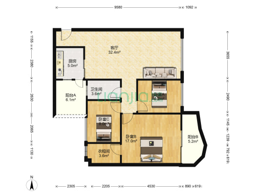 宝之园 3室1厅1卫 109平方