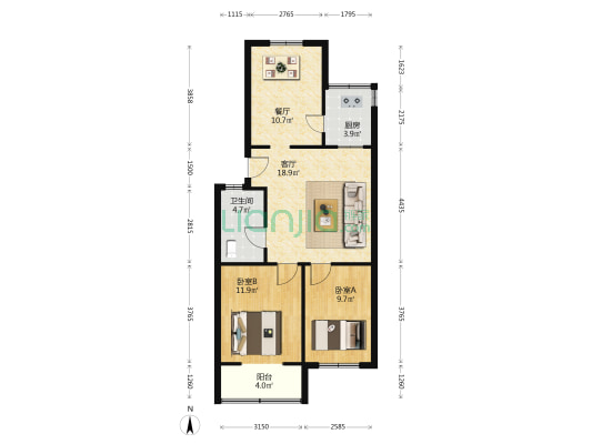 智源里社区 2室2厅1卫 80平方