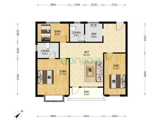 荔枝湾花园 3室1厅2卫 107平方