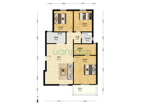 丽嘉新航城景园 3室1厅1卫 109平方