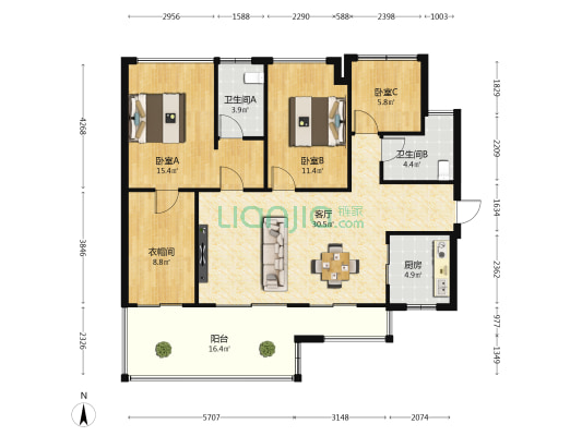 金地自在城蓝山苑 3室1厅2卫 129平方