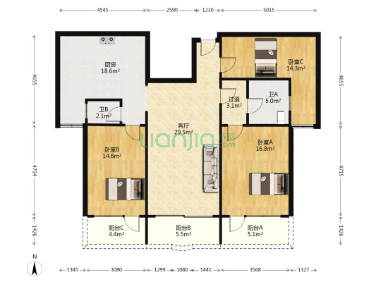 丽景园 3室1厅2卫 138平方