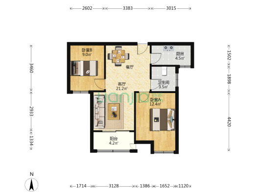 和寓家园 2室1厅1卫 77平方