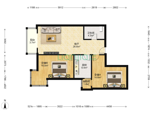 金燕学院府 2室1厅1卫 91平方