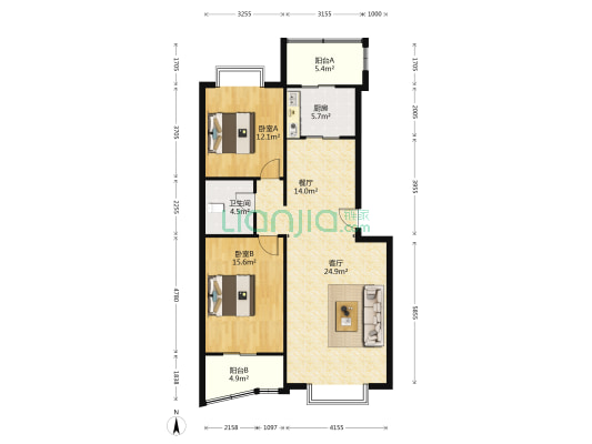 新府阳光 2室2厅 南 北-户型图