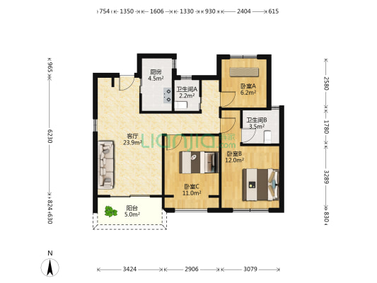 银城云谷天境 3室1厅2卫 89平方