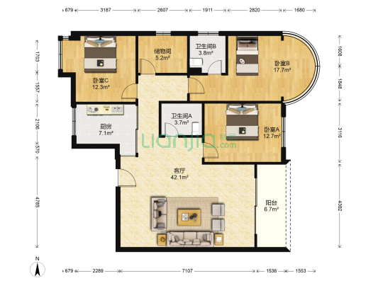 康和嘉园 3室1厅2卫 137平方
