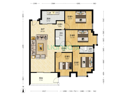 汇誉轩 4室1厅2卫 93平方