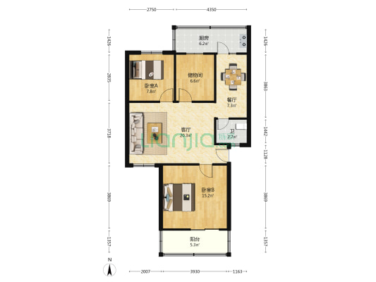 美玉楼 2室2厅1卫 89平方