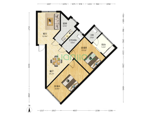 工业学校家属院 2室2厅2卫 88平方