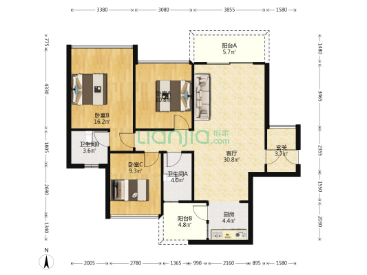 金丰创世纪 3室1厅2卫 107平方