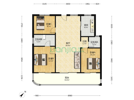 融创观澜湖公园壹号二期 3室1厅2卫 77平方
