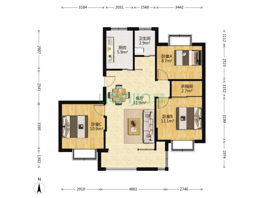和韵家园 3室1厅1卫 104平方