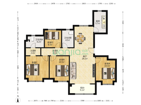 远洋红星天铂湾 4室1厅2卫 130平方