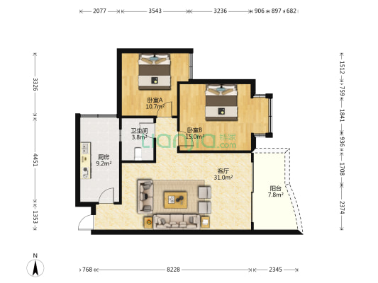 创豪华岩世家 2室1厅1卫 83平方