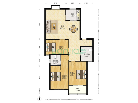 华盛家园 3室1厅2卫 125平方