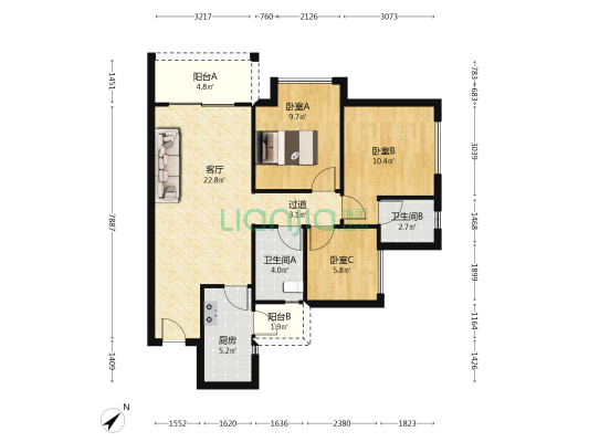 万达公园里Ⅱ期 3室1厅2卫 89平方