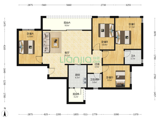招商1872 4室1厅2卫 127平方