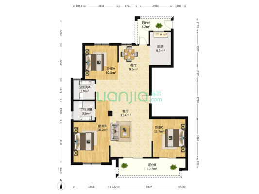 巨成悦湖湾 3室2厅2卫 144平方