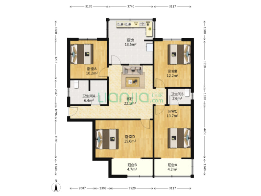 南部阳光小区 4室1厅2卫 120平方