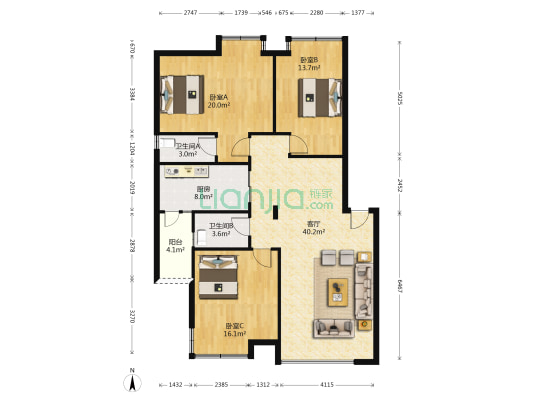 东丽花园 3室1厅2卫 125平方