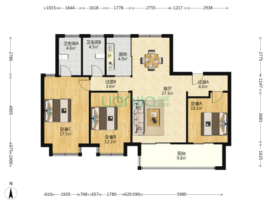 明湖璟园 3室1厅2卫 125平方