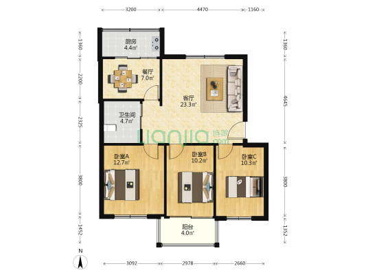 新艳公寓二期 3室2厅1卫 87平方