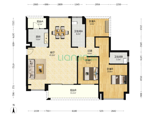 中洲南麓院 3室1厅2卫 129平方