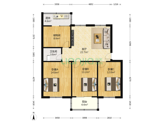 二里岗街27号院 3室1厅1卫 106平方