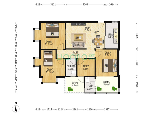龙山中路 4室1厅2卫 90平方