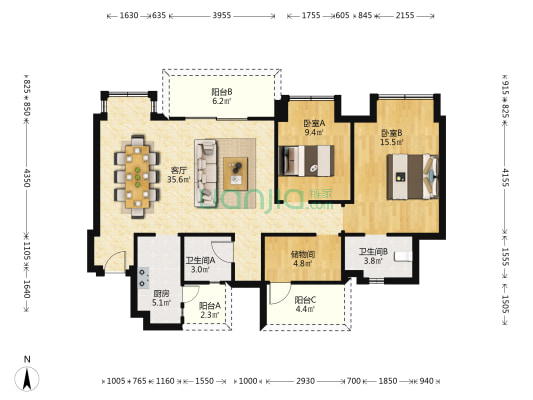 人居东城花汇 2室1厅2卫 104平方