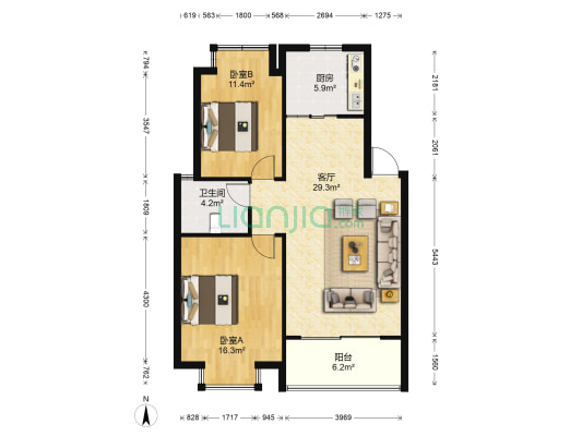 长江绿岛 2室1厅1卫 87平方