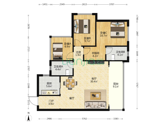 东原印1905 3室1厅2卫 104平方