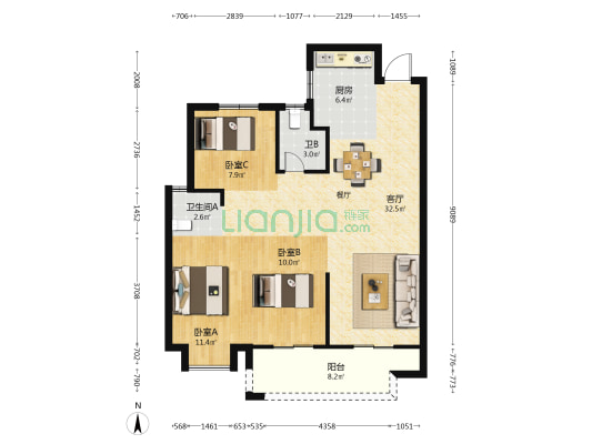 中茵天俊玖珑台 3室1厅2卫 105平方