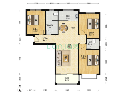 康裕凤台苑 3室1厅2卫 122平方