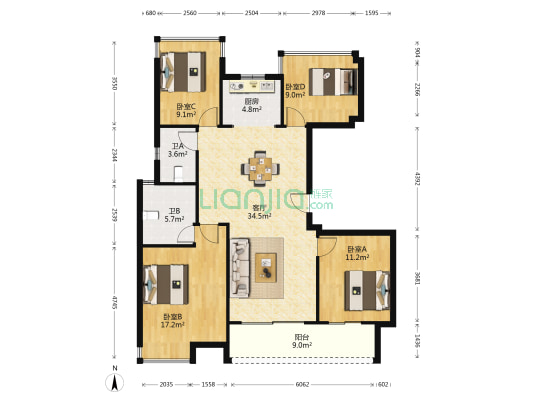 雅戈尔新长岛 4室1厅2卫 127平方