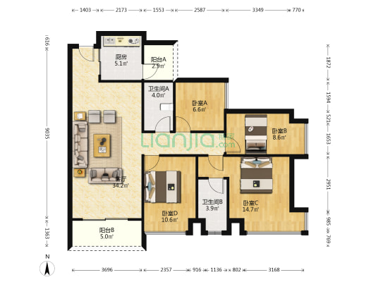 碧桂园铜雀台二期 4室1厅2卫 115平方