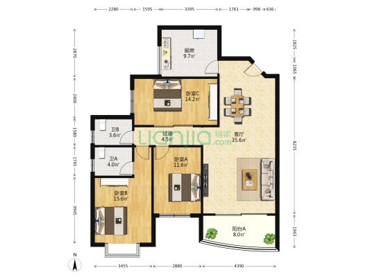 鸿天阁南区 3室1厅2卫 127平方