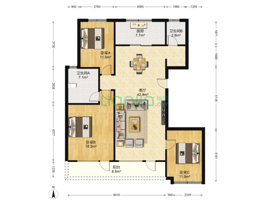 万科龙湖紫郡 3室1厅2卫 143平方