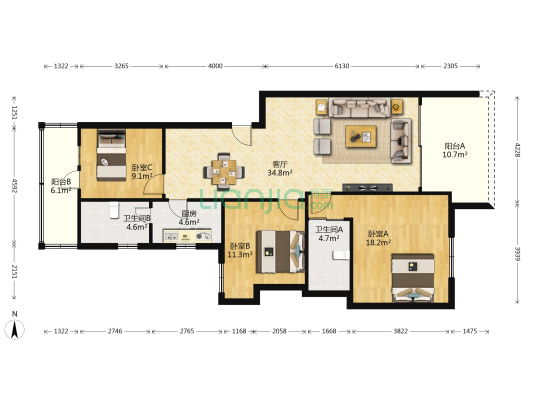 移动公司宿舍 3室1厅2卫 115平方