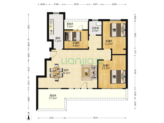 香澜郡瑜院 3室1厅1卫 105平方
