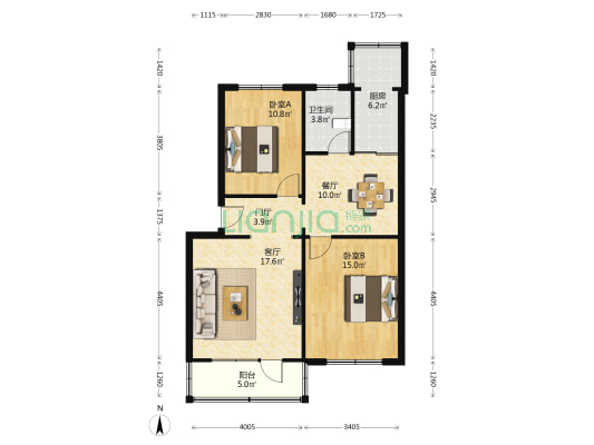 欣欣庄园 2室2厅1卫 90平方