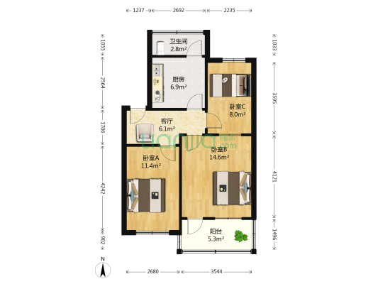 健康路2号 3室1厅1卫 70平方