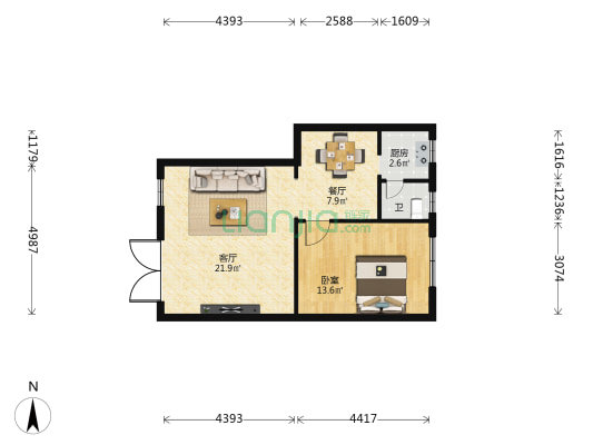 绿岛花苑 1室2厅1卫 60平方
