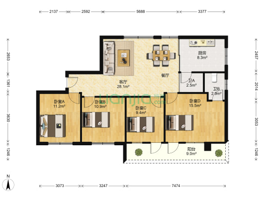 南宁市经济委员会生活小区 4室1厅2卫 117平方