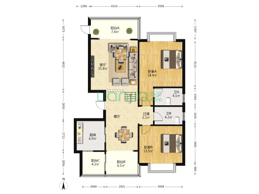 观澜公寓 2室1厅2卫 130平方