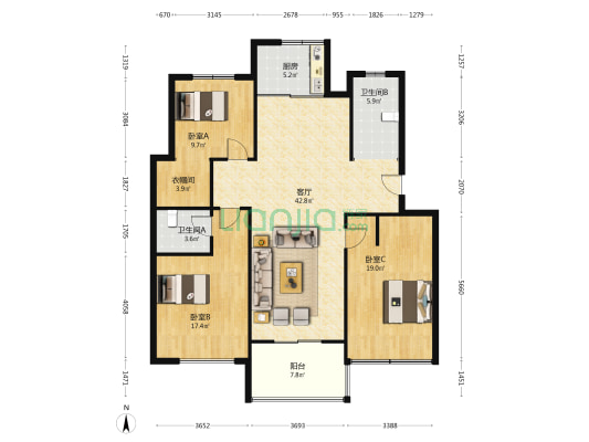 云龙花园 3室1厅2卫 137平方